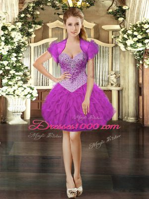 Fuchsia Sleeveless Beading and Ruffles Mini Length Prom Gown