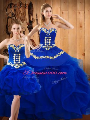 Graceful Blue Ball Gowns Sweetheart Sleeveless Satin and Organza Floor Length Lace Up Embroidery and Ruffles 15th Birthday Dress