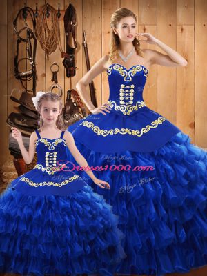 Customized Sweetheart Sleeveless Satin and Organza Quinceanera Gowns Embroidery and Ruffled Layers Lace Up