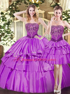 Strapless Sleeveless Tulle Vestidos de Quinceanera Beading and Ruffled Layers Lace Up