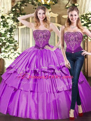 High Quality Eggplant Purple Ball Gowns Beading and Ruffled Layers Quinceanera Dresses Lace Up Tulle Sleeveless Floor Length