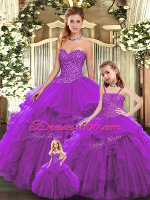 Most Popular Eggplant Purple Lace Up Sweetheart Beading and Ruffles Sweet 16 Quinceanera Dress Organza Sleeveless