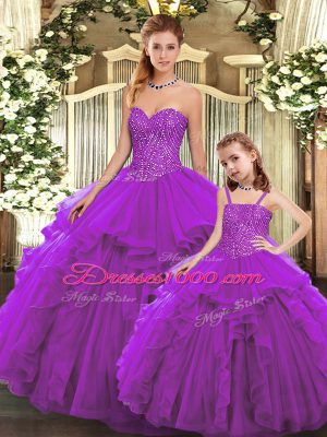 Most Popular Eggplant Purple Lace Up Sweetheart Beading and Ruffles Sweet 16 Quinceanera Dress Organza Sleeveless