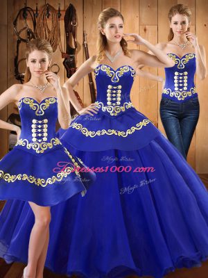 Blue Ball Gowns Tulle Sweetheart Sleeveless Embroidery Floor Length Lace Up 15th Birthday Dress