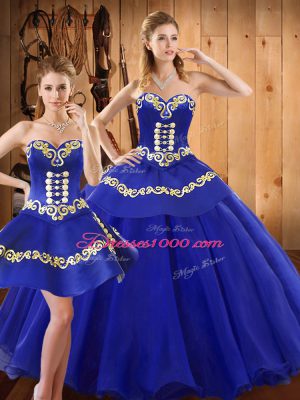 Blue Ball Gowns Tulle Sweetheart Sleeveless Embroidery Floor Length Lace Up 15th Birthday Dress