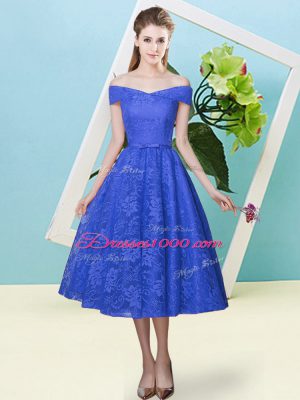 Cap Sleeves Lace Tea Length Lace Up Wedding Party Dress in Blue with Bowknot