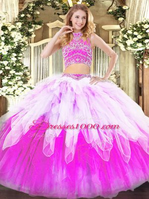 High Class Tulle Sleeveless Floor Length Quinceanera Gown and Beading and Ruffles