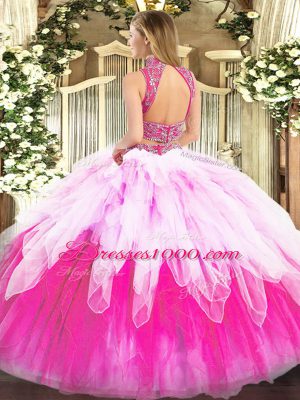 High Class Tulle Sleeveless Floor Length Quinceanera Gown and Beading and Ruffles