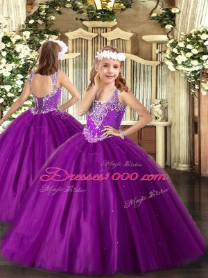 Purple Ball Gowns Tulle V-neck Sleeveless Beading Floor Length Lace Up Kids Formal Wear