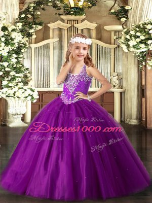 Purple Ball Gowns Tulle V-neck Sleeveless Beading Floor Length Lace Up Kids Formal Wear