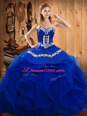 Excellent Blue Sleeveless Floor Length Embroidery and Ruffles Lace Up Quinceanera Dress