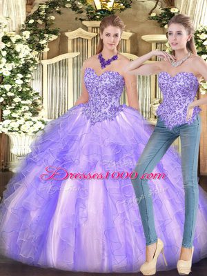 Trendy Sleeveless Floor Length Appliques and Ruffles Lace Up Sweet 16 Dresses with Lavender