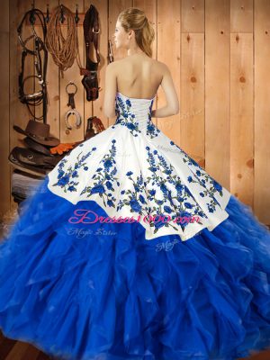Edgy Sleeveless Satin and Organza Floor Length Lace Up 15 Quinceanera Dress in Wine Red with Embroidery and Ruffles