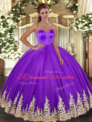 Eggplant Purple Sleeveless Appliques Floor Length Quince Ball Gowns