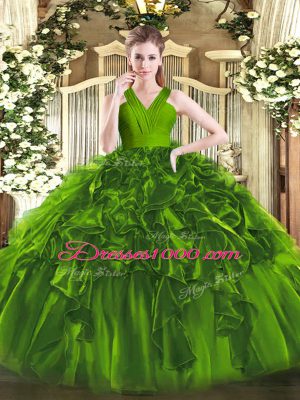 Most Popular Floor Length Olive Green Quinceanera Dress Organza Sleeveless Ruffles