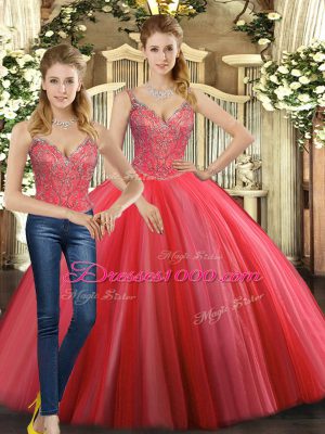 Floor Length Coral Red Quinceanera Dresses Straps Sleeveless Lace Up