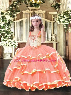 Dramatic Beading and Ruffled Layers Party Dress for Toddlers Orange Red Lace Up Sleeveless Floor Length