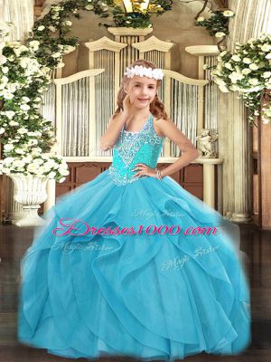 Floor Length Ball Gowns Sleeveless Aqua Blue Little Girls Pageant Dress Lace Up