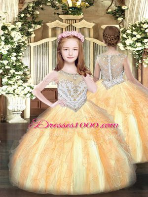 Floor Length Gold Little Girl Pageant Gowns Organza Sleeveless Beading and Ruffles