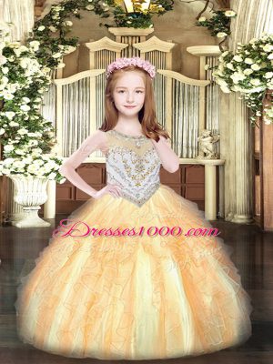 Floor Length Gold Little Girl Pageant Gowns Organza Sleeveless Beading and Ruffles