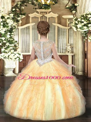 Floor Length Gold Little Girl Pageant Gowns Organza Sleeveless Beading and Ruffles