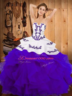 Floor Length White And Purple Quinceanera Gowns Satin and Organza Sleeveless Embroidery and Ruffles
