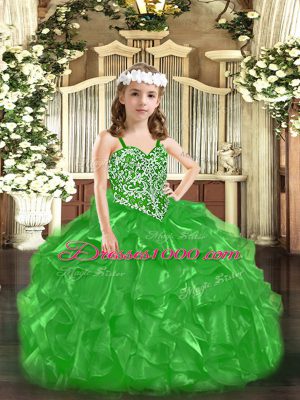 Fancy Green Organza Lace Up Little Girls Pageant Dress Sleeveless Floor Length Beading and Ruffles