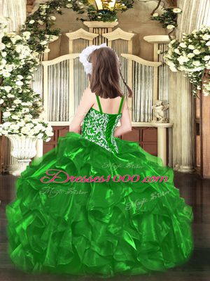 Fancy Green Organza Lace Up Little Girls Pageant Dress Sleeveless Floor Length Beading and Ruffles