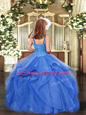 Custom Design Turquoise Straps Lace Up Beading and Ruffles Little Girls Pageant Gowns Sleeveless