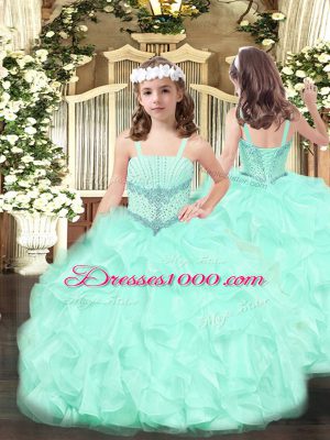 Floor Length Aqua Blue Sweet 16 Dress Tulle Sleeveless Beading and Ruffles