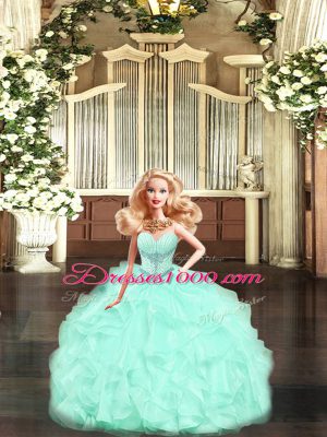 Floor Length Aqua Blue Sweet 16 Dress Tulle Sleeveless Beading and Ruffles