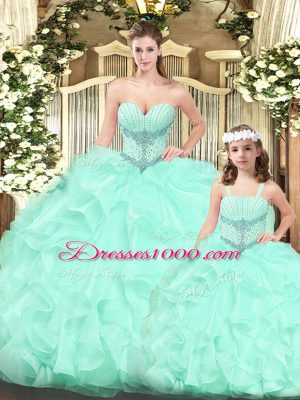 Floor Length Aqua Blue Sweet 16 Dress Tulle Sleeveless Beading and Ruffles