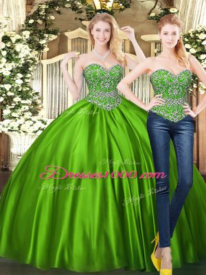 Sleeveless Tulle Floor Length Lace Up Sweet 16 Dresses in Green with Beading
