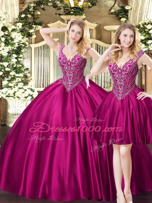 Fuchsia Sleeveless Beading Floor Length Quince Ball Gowns