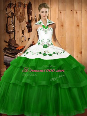 Edgy Green Ball Gowns Organza Halter Top Sleeveless Embroidery and Ruffled Layers Lace Up Quinceanera Dresses Sweep Train