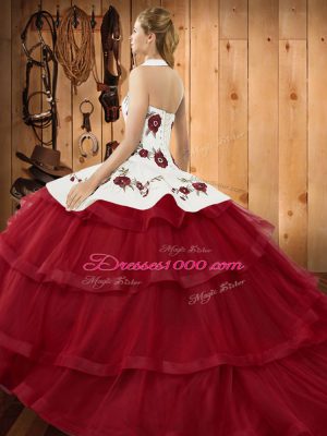 Edgy Green Ball Gowns Organza Halter Top Sleeveless Embroidery and Ruffled Layers Lace Up Quinceanera Dresses Sweep Train
