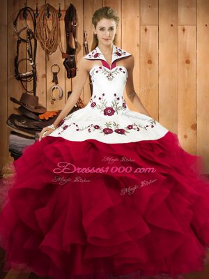Fantastic Red Tulle Lace Up Halter Top Sleeveless Floor Length Sweet 16 Quinceanera Dress Embroidery and Ruffles