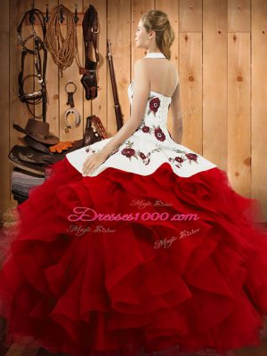 Fantastic Red Tulle Lace Up Halter Top Sleeveless Floor Length Sweet 16 Quinceanera Dress Embroidery and Ruffles