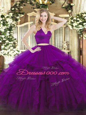 Purple Sweet 16 Dresses Military Ball and Sweet 16 and Quinceanera with Ruffles Halter Top Sleeveless Zipper
