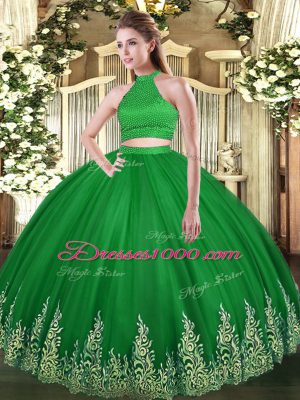 Green Halter Top Backless Beading and Appliques Quinceanera Gowns Sleeveless