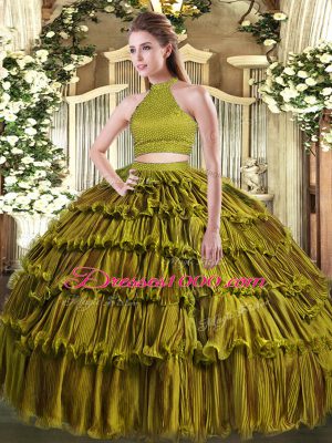 Olive Green Sleeveless Floor Length Beading and Ruffled Layers Backless 15th Birthday Dress