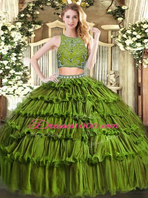 Floor Length Olive Green Ball Gown Prom Dress High-neck Sleeveless Zipper