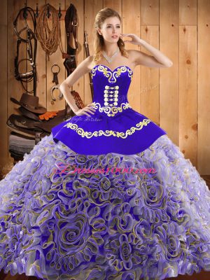 Extravagant Sweetheart Sleeveless Satin and Fabric With Rolling Flowers Quinceanera Dresses Embroidery Sweep Train Lace Up