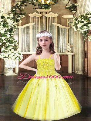 Floor Length Yellow Evening Gowns Spaghetti Straps Sleeveless Lace Up