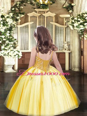 Floor Length Yellow Evening Gowns Spaghetti Straps Sleeveless Lace Up