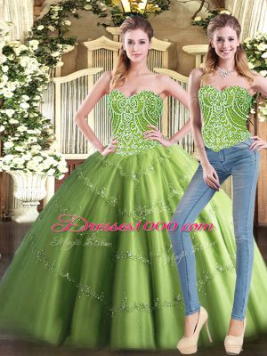 Sophisticated Olive Green Sweetheart Neckline Beading Quinceanera Dress Sleeveless Lace Up