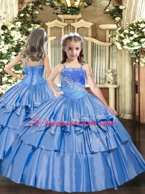 Baby Blue Lace Up Little Girl Pageant Dress Beading and Ruffled Layers Sleeveless Floor Length
