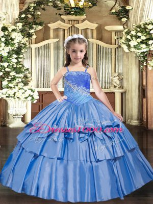 Baby Blue Lace Up Little Girl Pageant Dress Beading and Ruffled Layers Sleeveless Floor Length