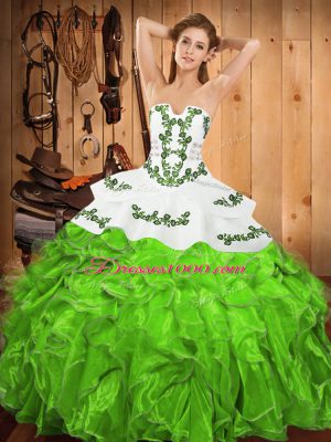 Traditional Satin and Organza Lace Up Strapless Sleeveless Floor Length Quinceanera Dress Embroidery and Ruffles
