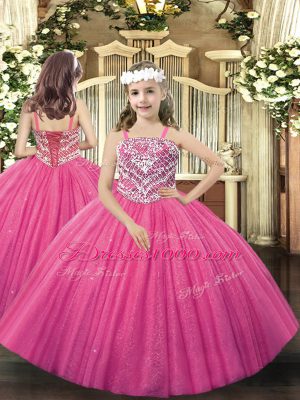 Custom Design Hot Pink Tulle Lace Up Girls Pageant Dresses Sleeveless Floor Length Beading
